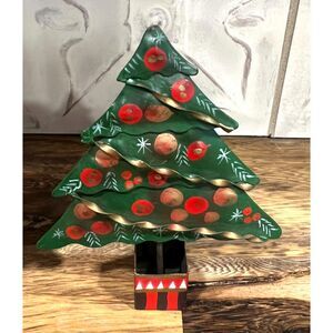 Vintage Metal Christmas Tree Ornaments Lot of 2 Hand Painted 4" Table Decor.